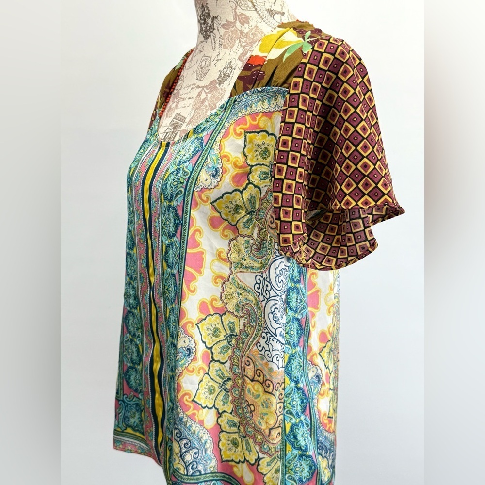 ODDY Yellow and Blue multi graphic print silky top size M - Picture 3 of 13